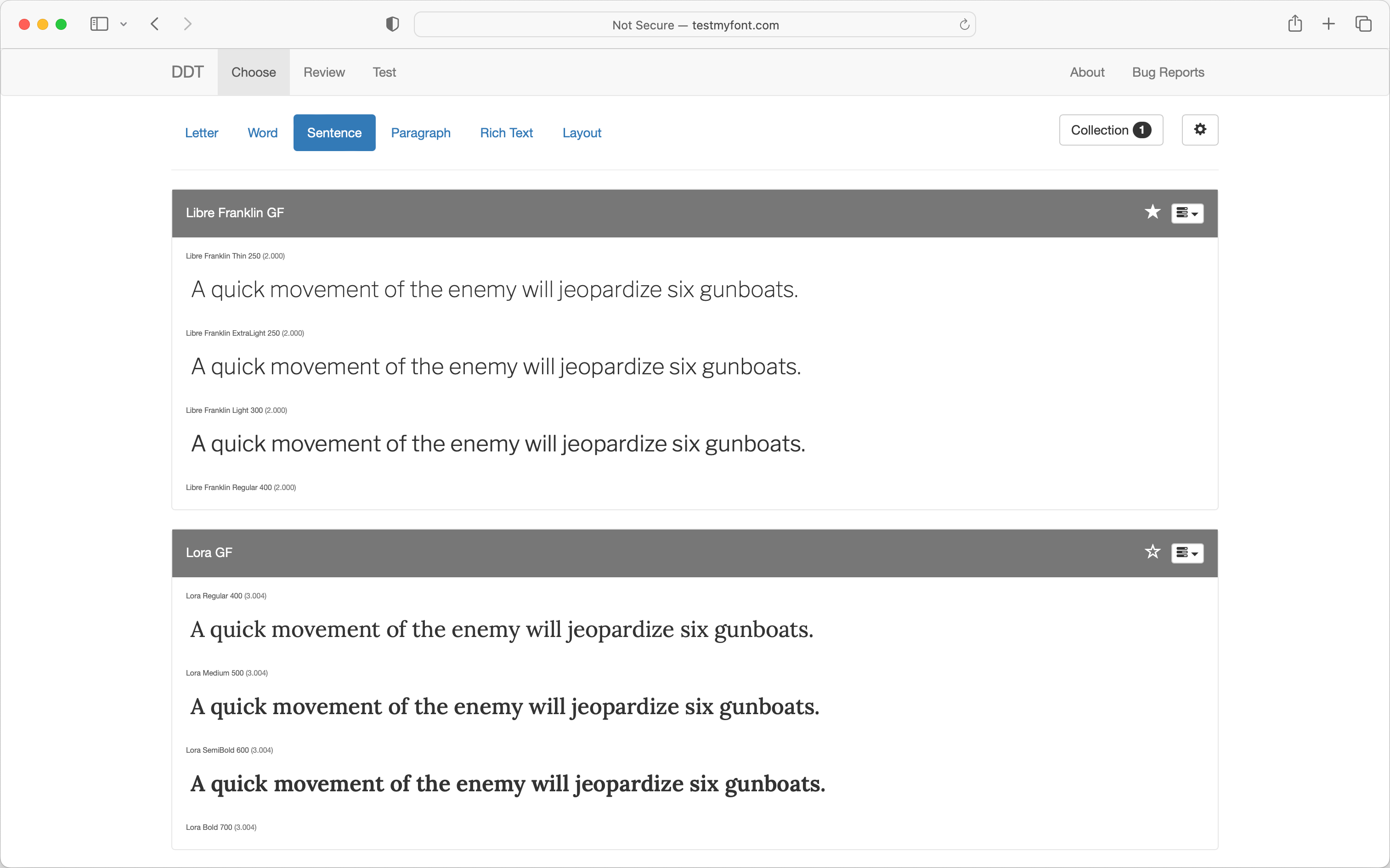 Comparing two fonts on TestMyFont.com.